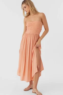 DEVYN SMOCKED STRAPLESS MIDI DRESS