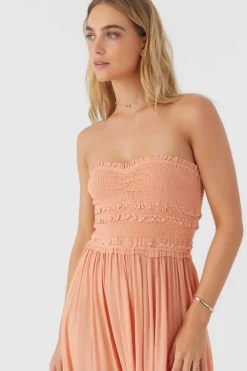 DEVYN SMOCKED STRAPLESS MIDI DRESS