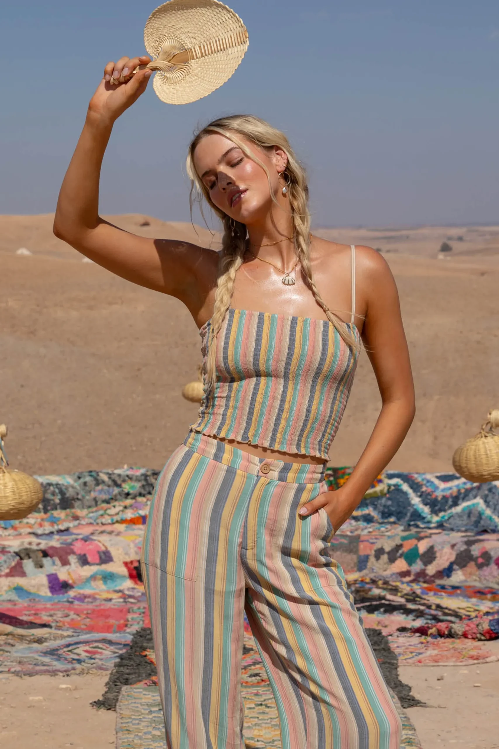 DREZ BEACHBOUND STRIPE SMOCKED TANK TOP