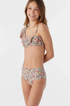 GIRL'S EDEN DITSY ASYMM RUFFLE TOP SWIM SET