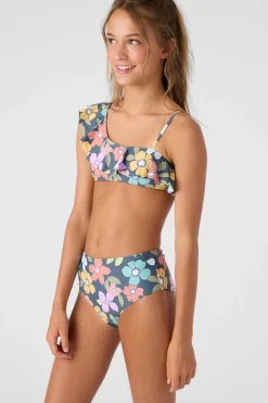 GIRL'S LAYLA FLORAL ASYMMETRICAL RUFFLE SWIM SET
