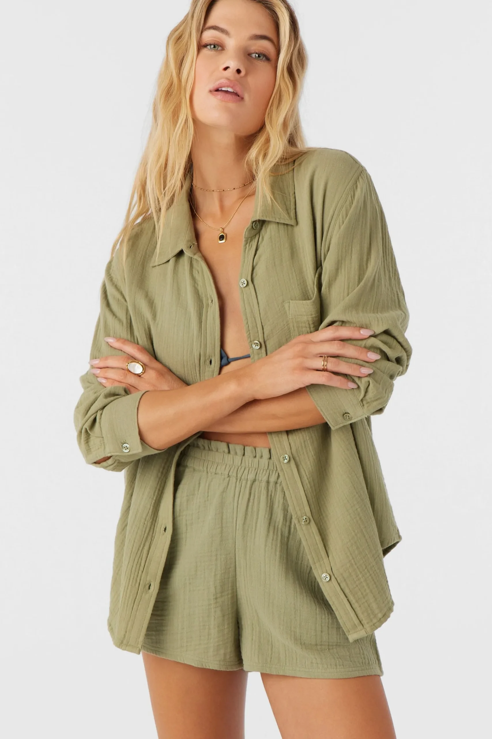 LENI CRINKLE DOUBLE GAUZE BUTTON DOWN SHIRT