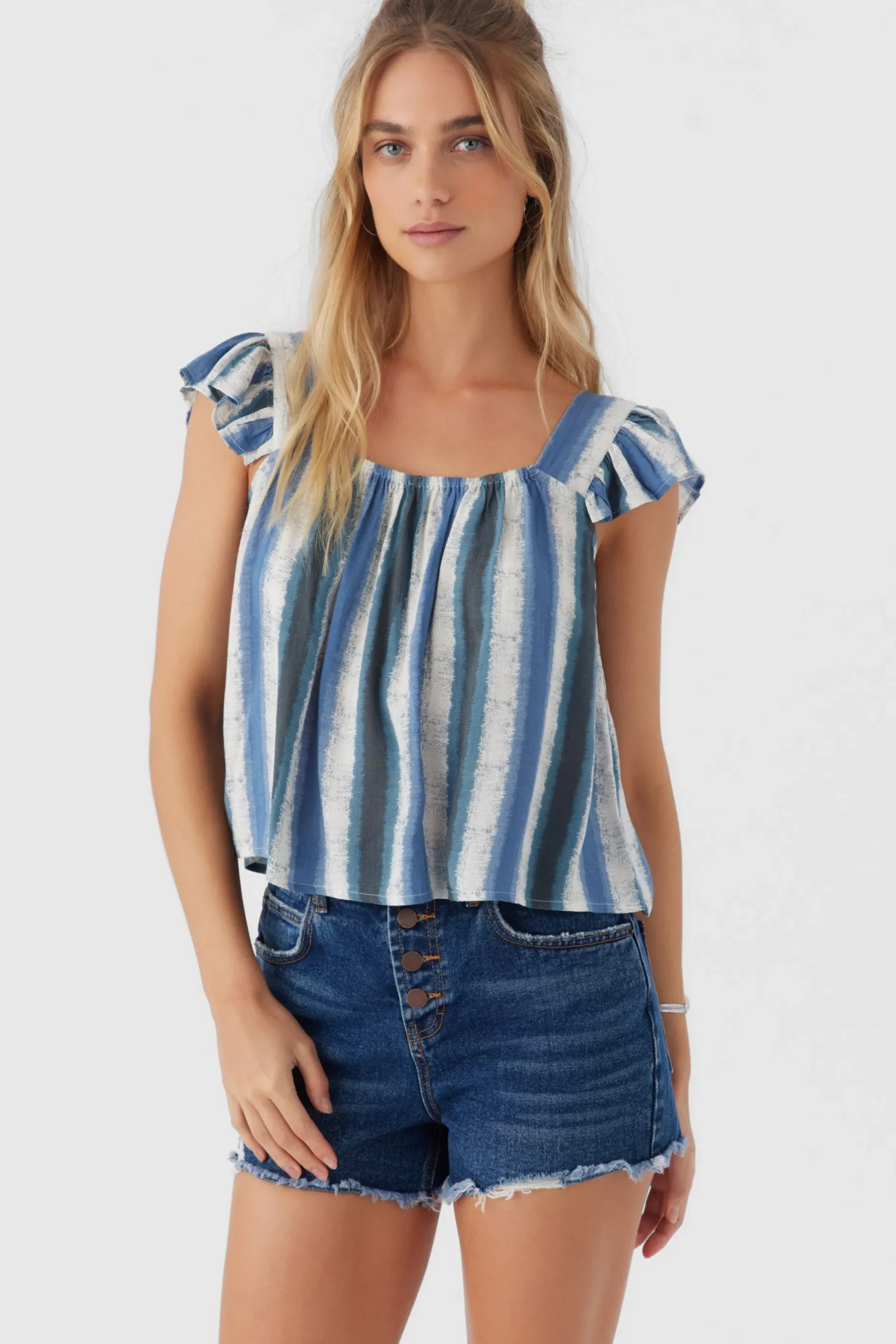 SYNDIE FADE STRIPE RUFFLE SLEEVE TOP