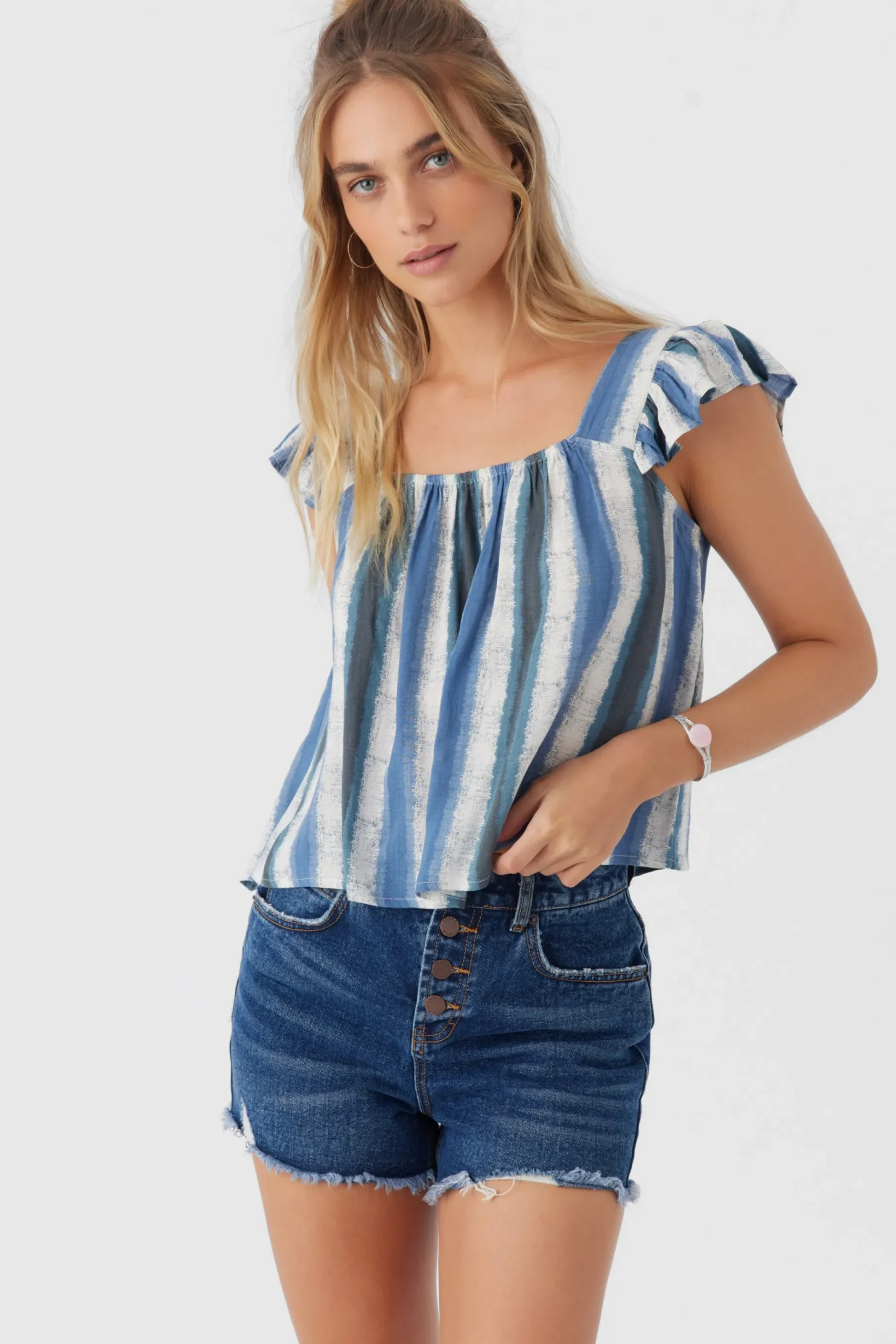 SYNDIE FADE STRIPE RUFFLE SLEEVE TOP
