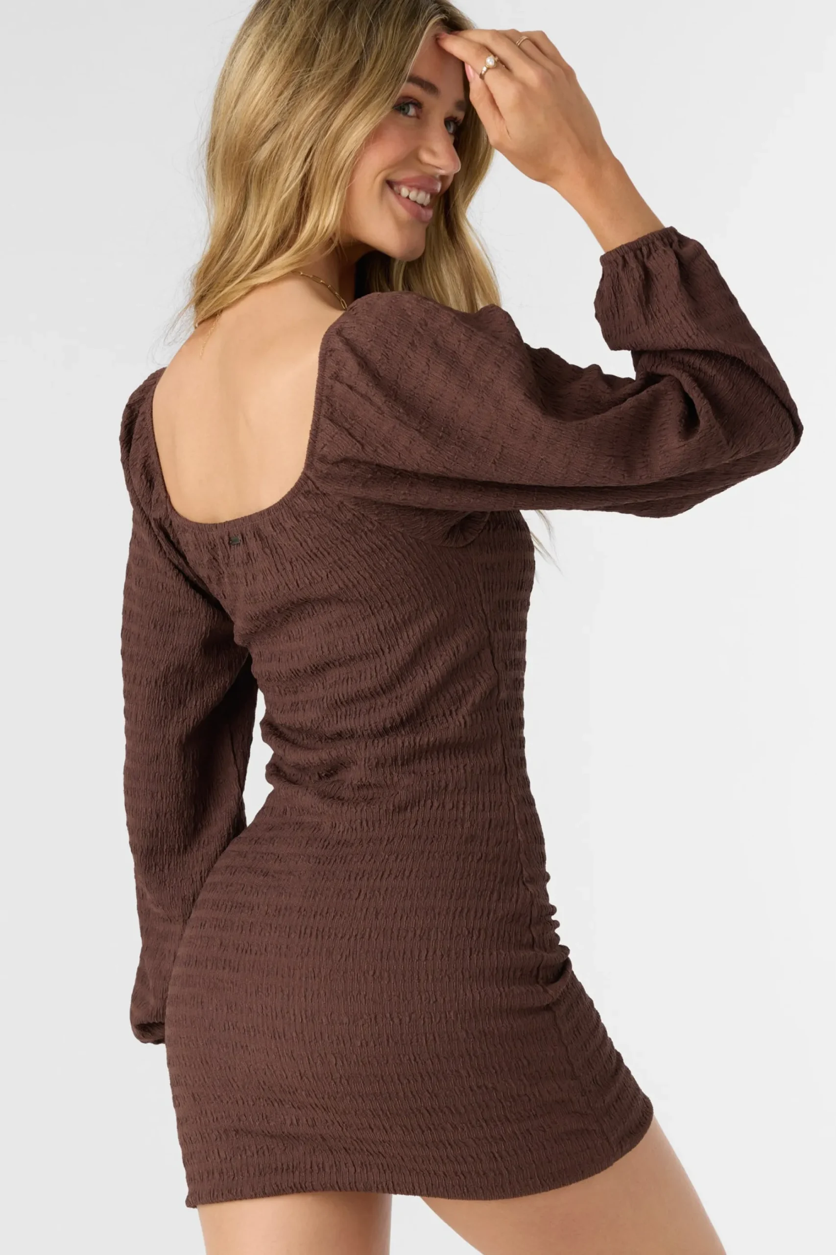 TEGAN SMOCKED KNIT LONG SLEEVE MINI DRESS