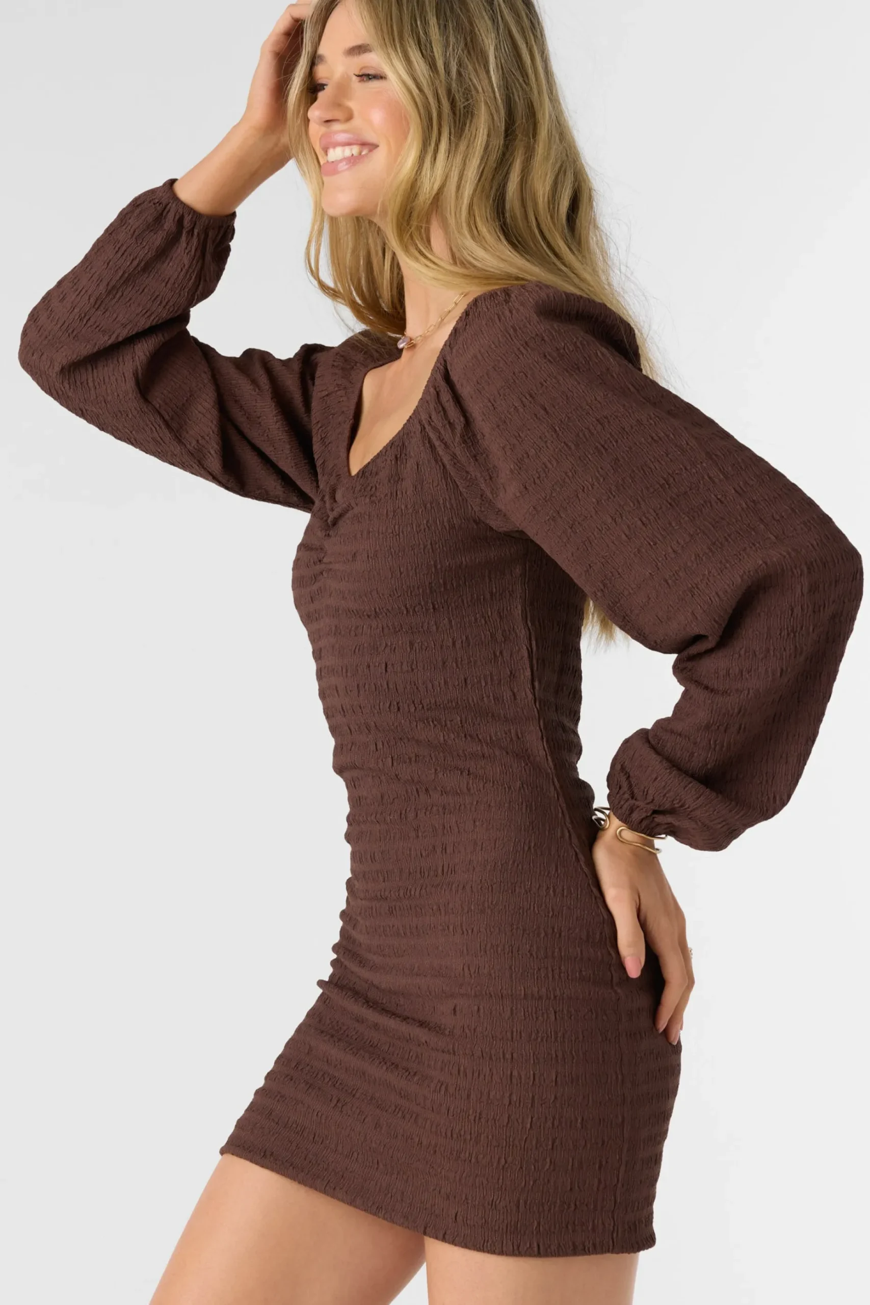 TEGAN SMOCKED KNIT LONG SLEEVE MINI DRESS