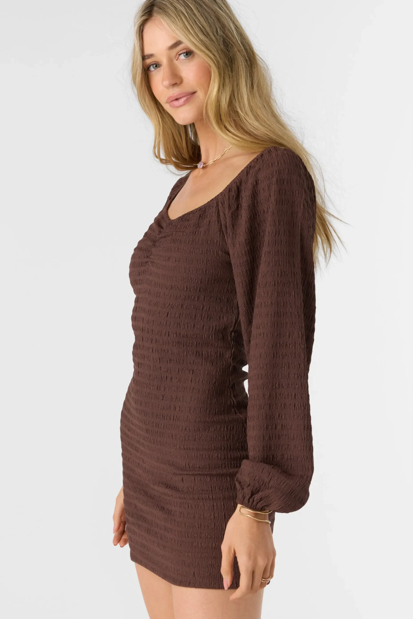 TEGAN SMOCKED KNIT LONG SLEEVE MINI DRESS