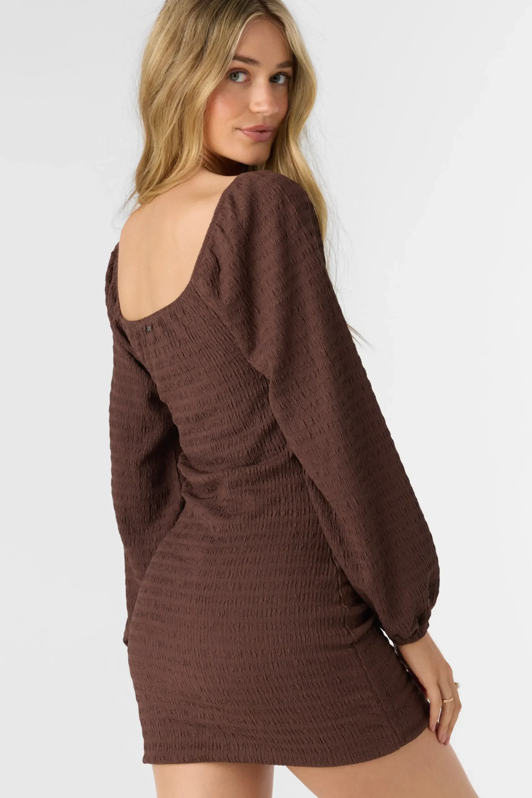 TEGAN SMOCKED KNIT LONG SLEEVE MINI DRESS